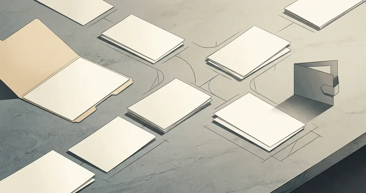 A document folder, unmarked cards and a wallet illustrating account and payment stages
