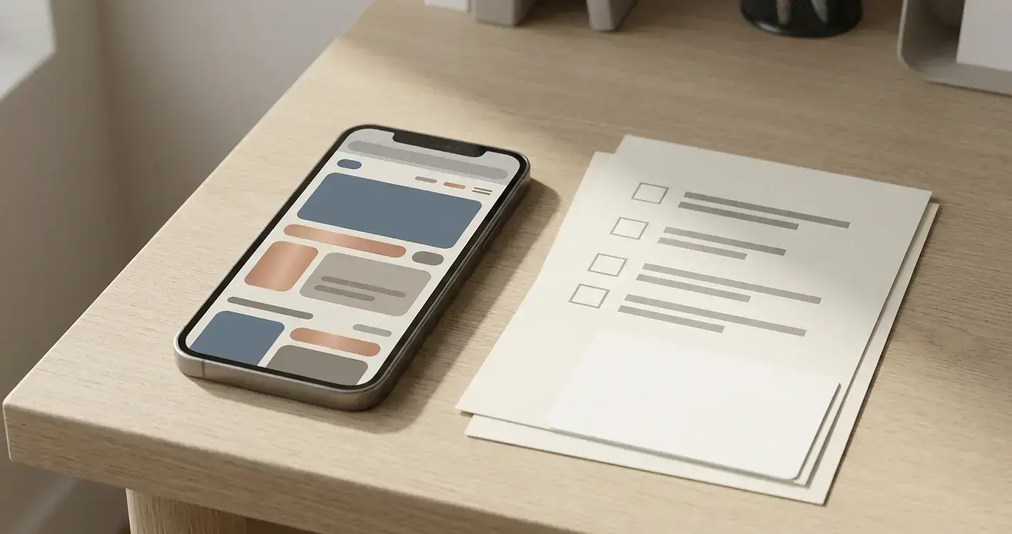 A smartphone with generic browser panels and a separate account-status card