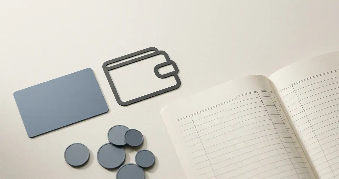 Illustrated payment card, digital wallet and abstract currency symbols
