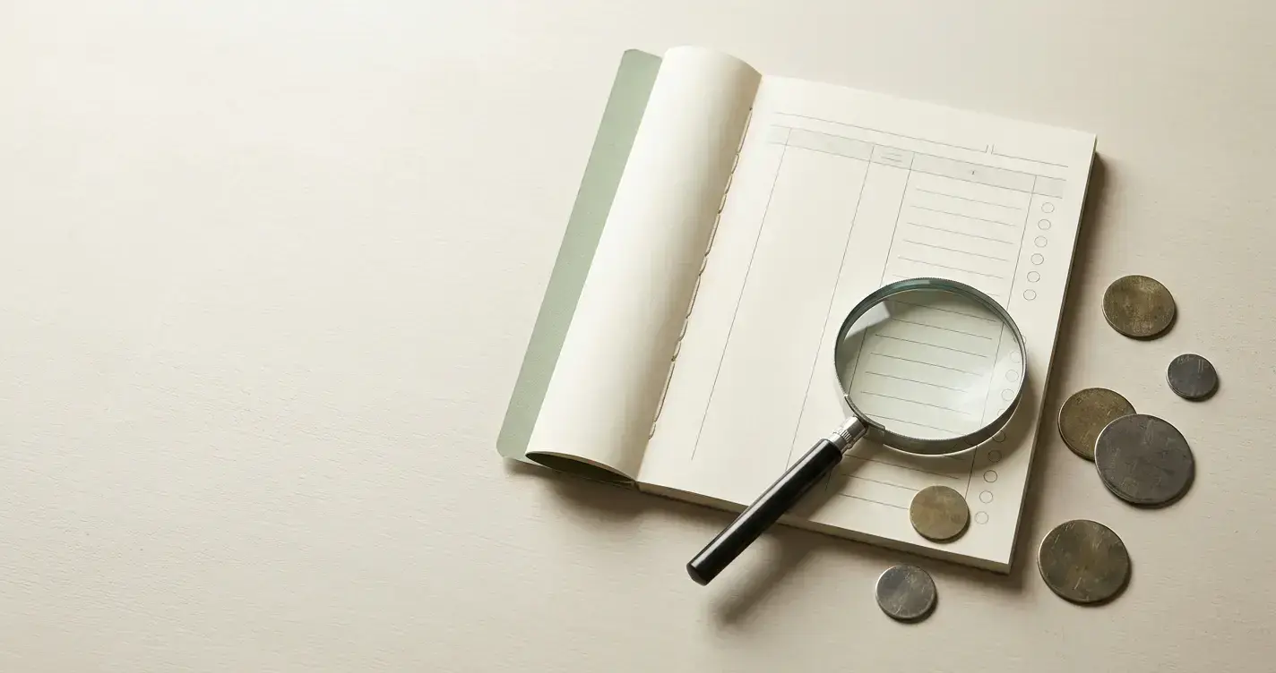 Neutral conceptual checklist with unmarked offer details, a blank ledger and abstract coins, no currency values or casino branding