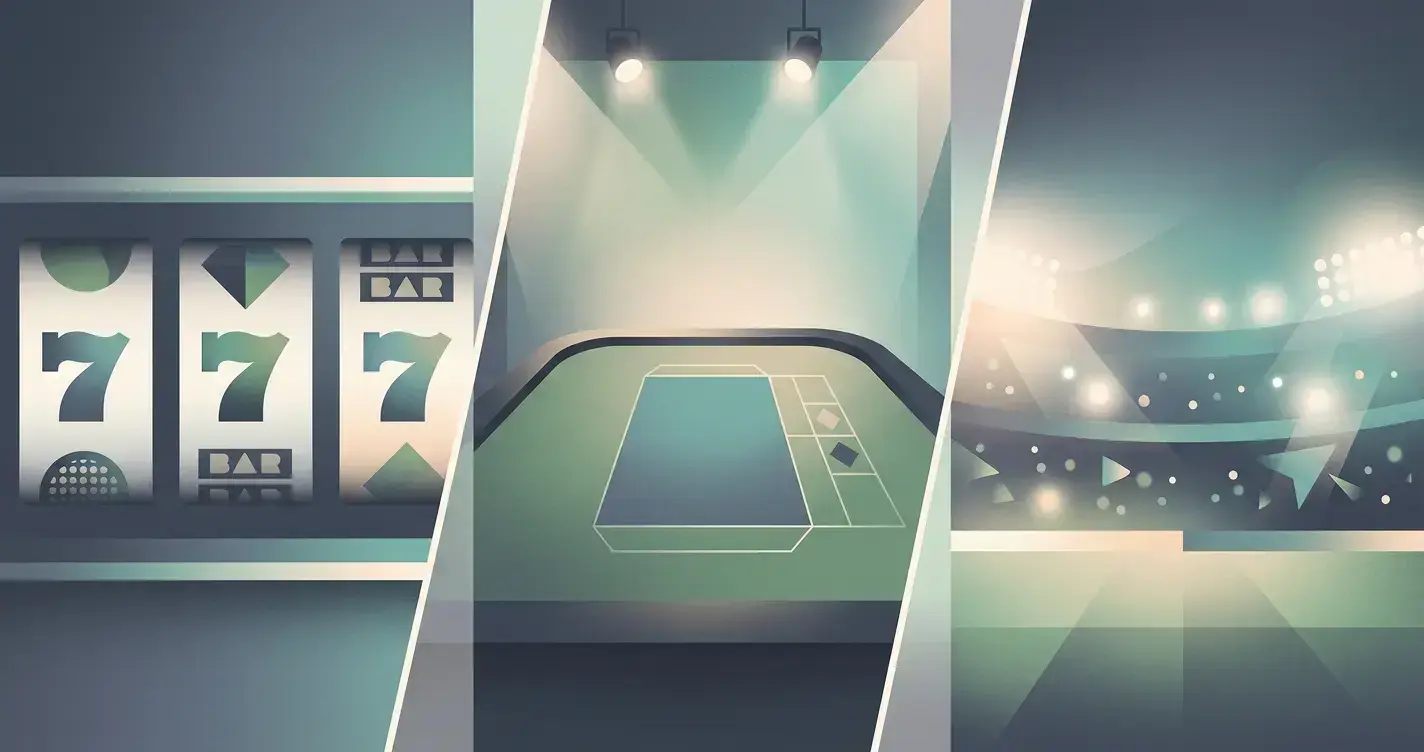 Three illustrated panels representing slot games, a live table and sports betting